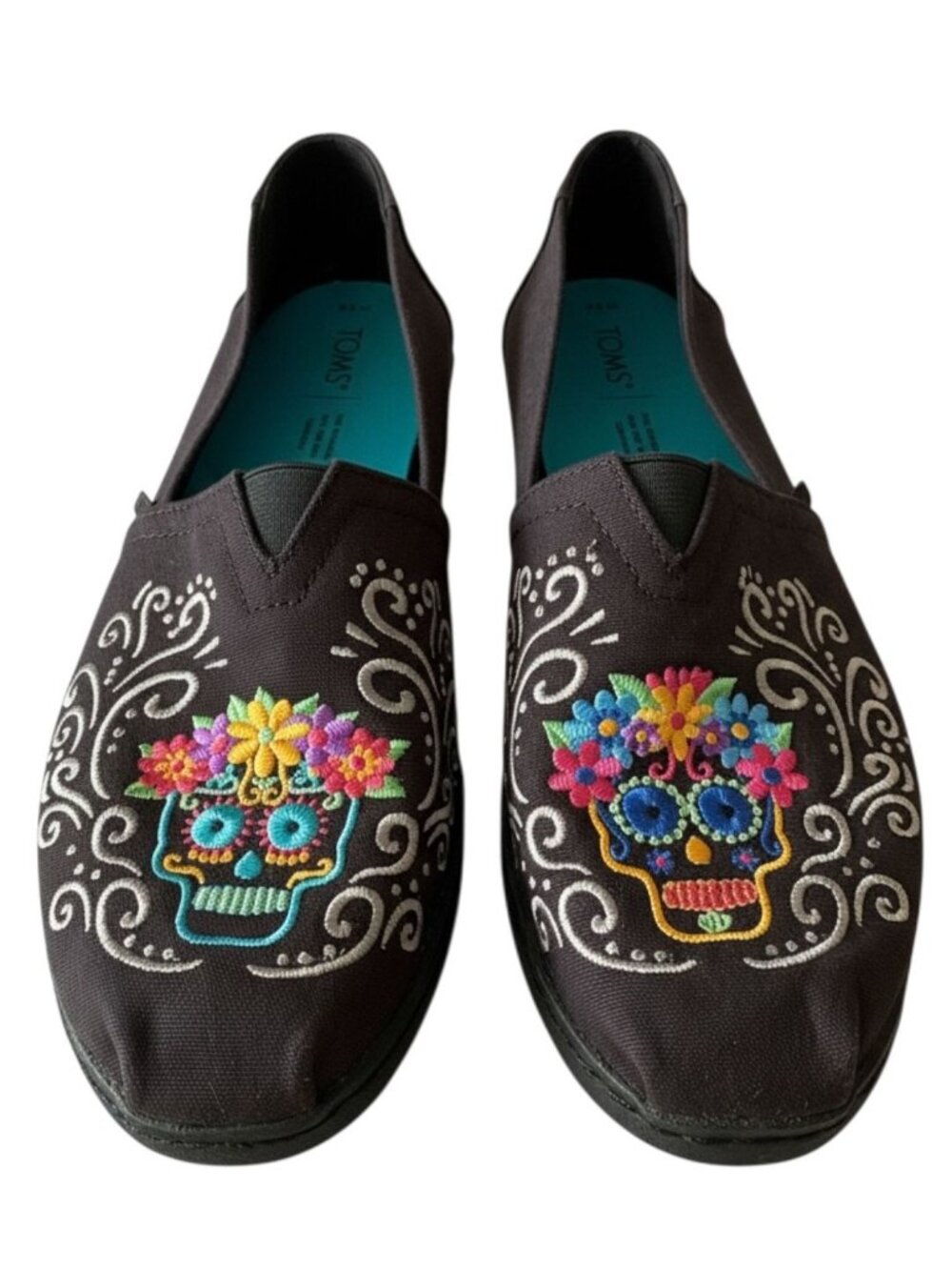 TOMS Womens 9.5 Alpargata Black Dia De Los Muertos Embroidery Day of the Dead